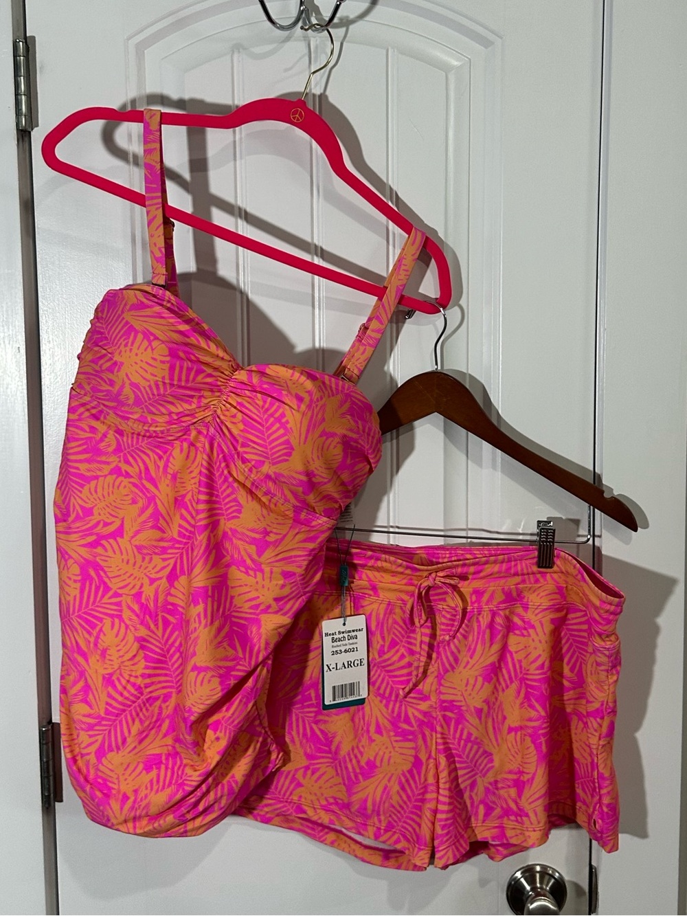 NWT HEAT Swimwear, Pink & Orange Tropical Tankini Set, Size XL